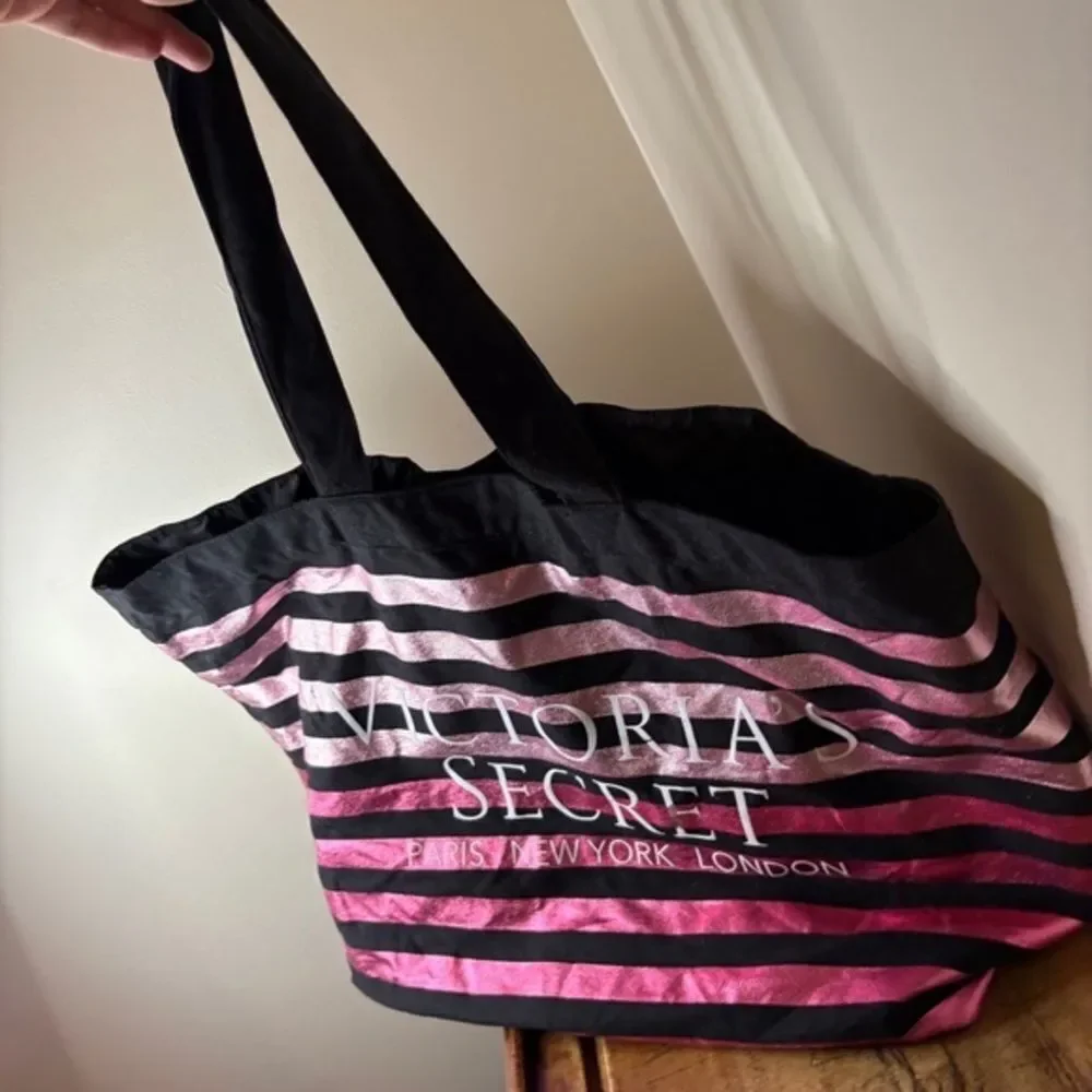 Victoria's Secret Black and Metallic Pink Striped Large Tote see pix for blemish